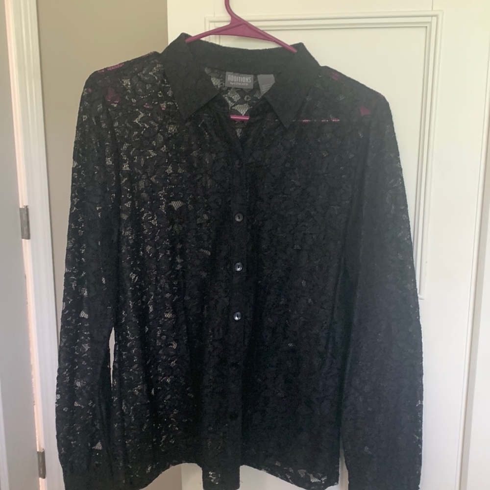 Additions by Chico s black lacy button up shirt with a collar